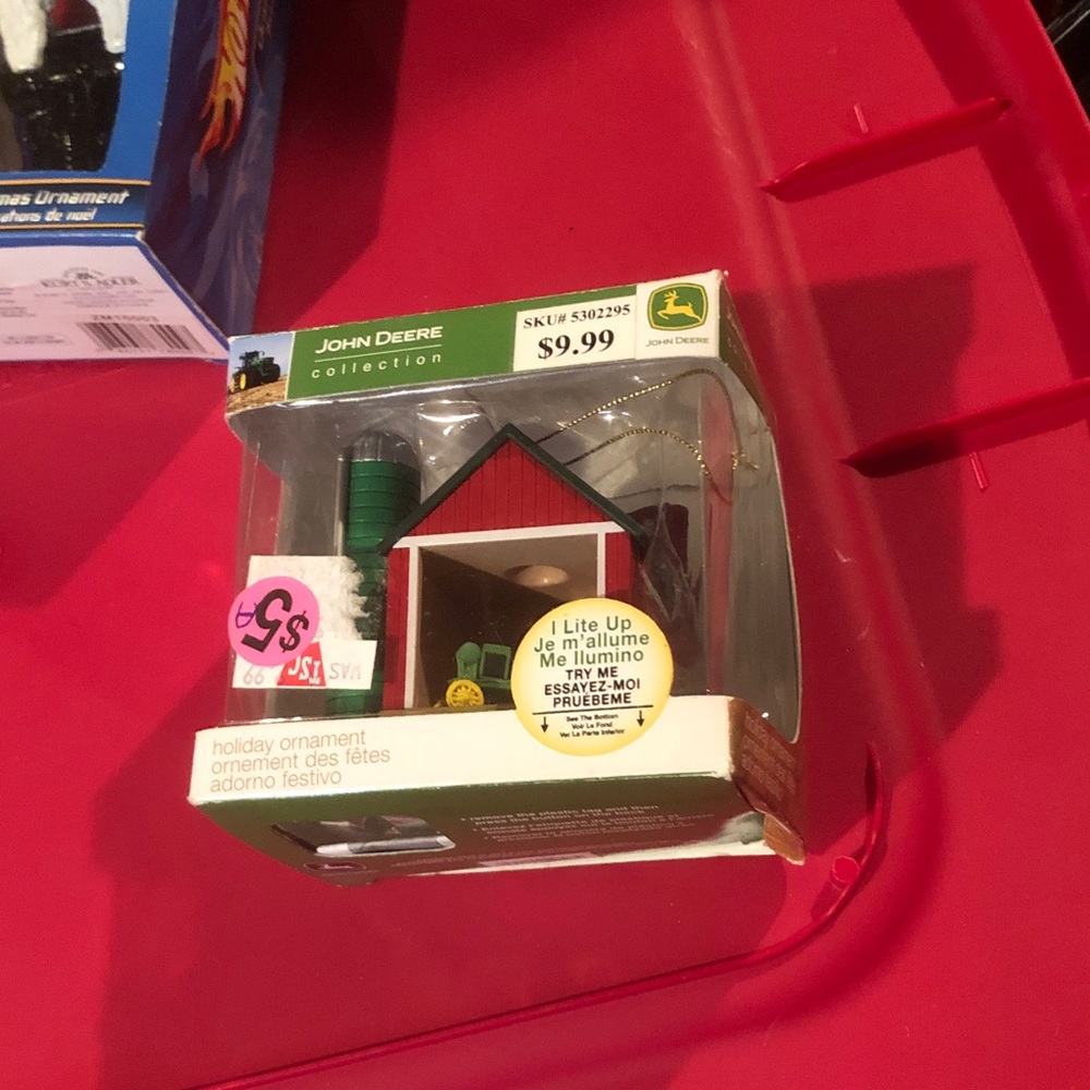 John Deere Red Barn Ornament with Green Silo